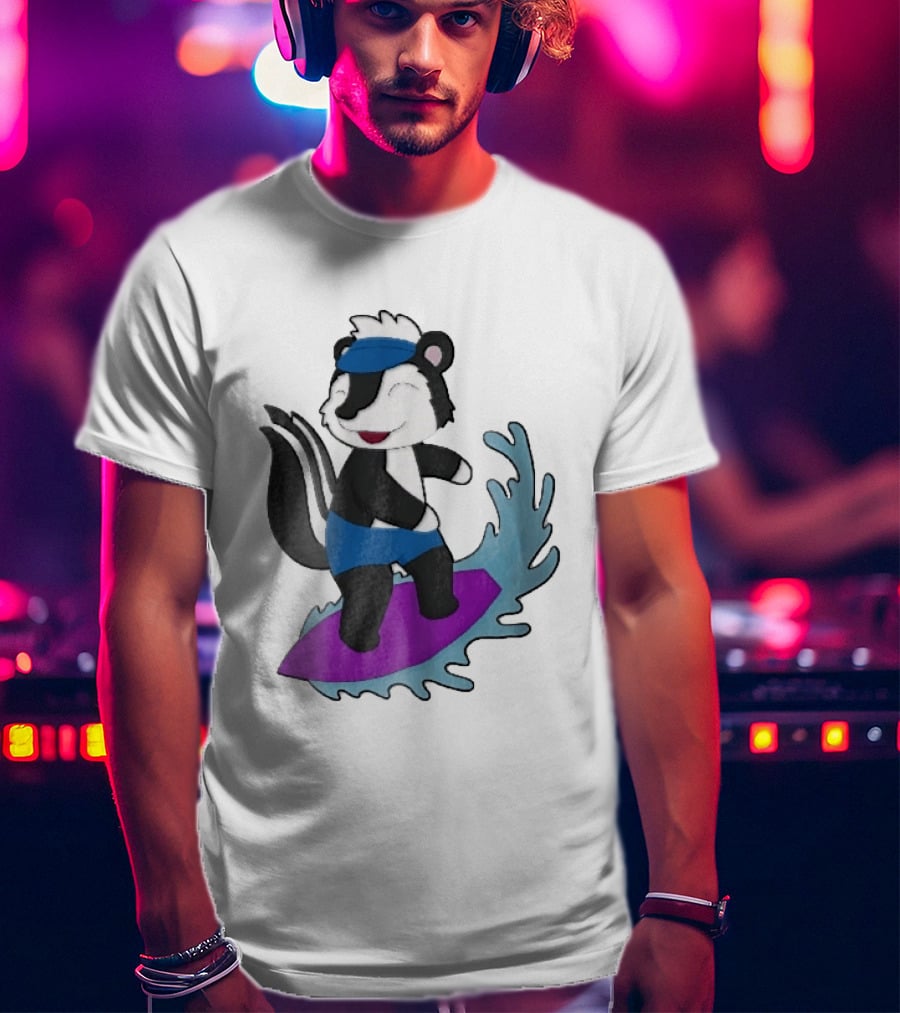 Skunk Surfing Cartoon On Purple Surfboard With Blue Waves And Summer Vibes T-Shirt