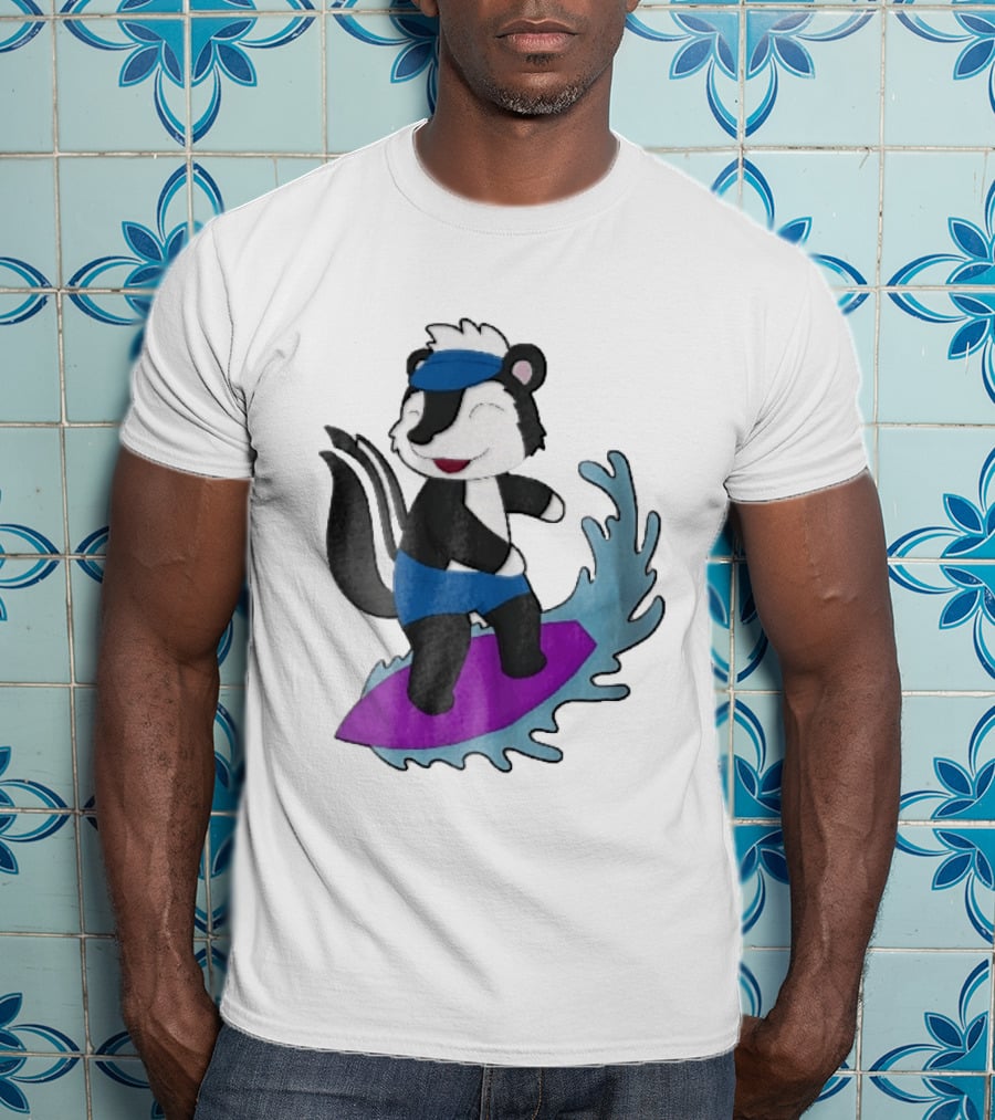 Skunk Surfing Cartoon On Purple Surfboard With Blue Waves And Summer Vibes T-Shirt