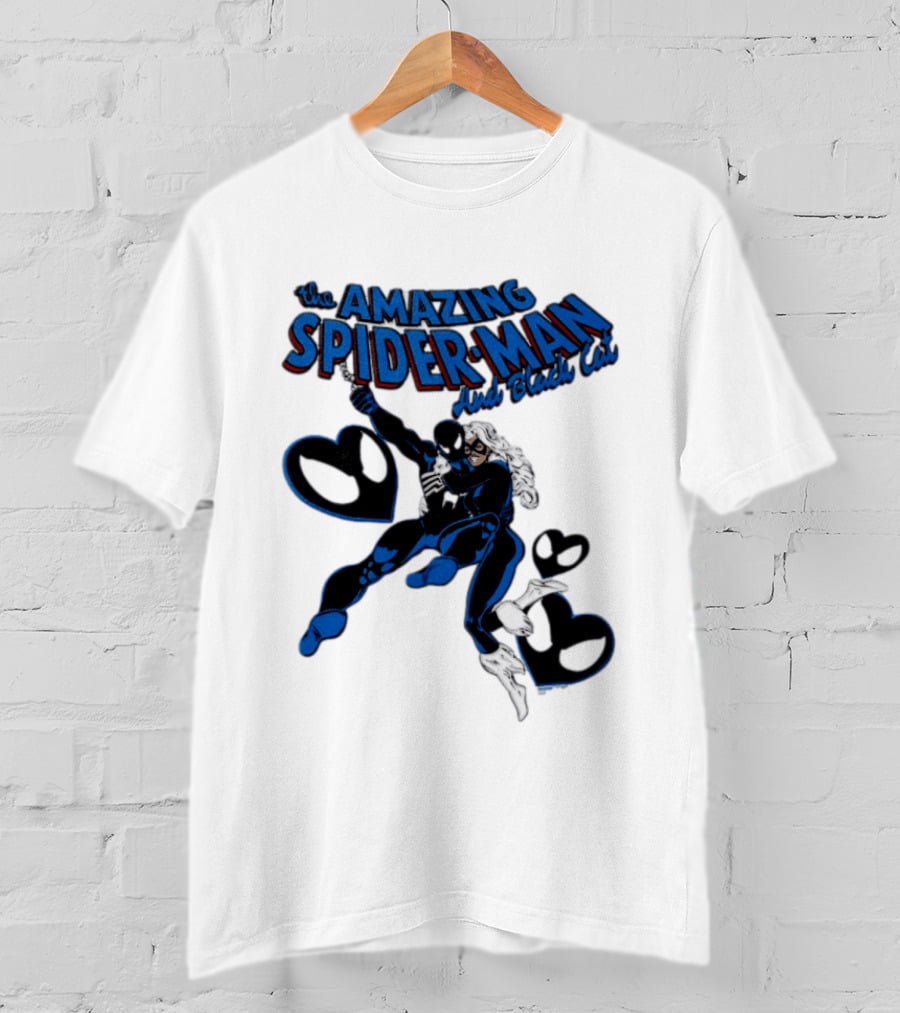 The Amazing Spider Man Hugs Black Cat With Hearts T-Shirt