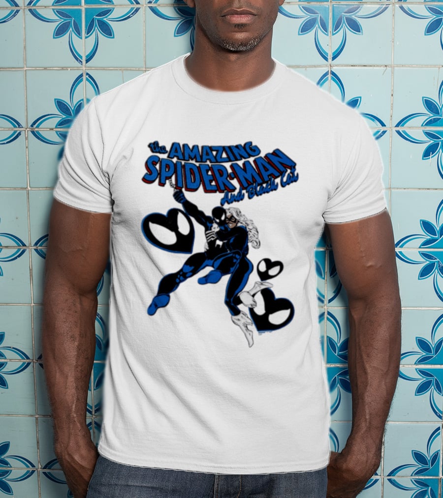 The Amazing Spider Man Hugs Black Cat With Hearts T-Shirt