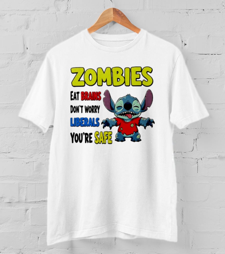 Zombies Eat Brains Don't Worry Liberals You're Safe Stitch Cartoon Creature Stitched Red T-Shirt