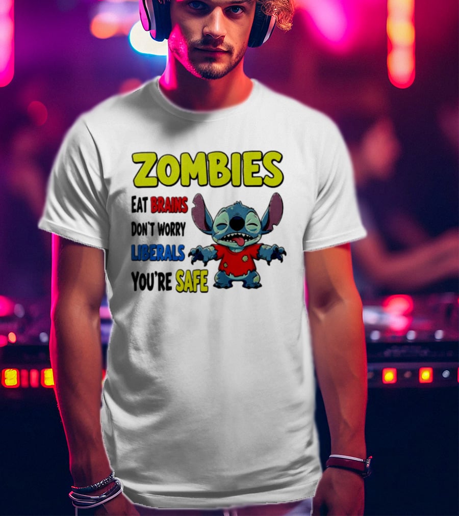 Zombies Eat Brains Don't Worry Liberals You're Safe Stitch Cartoon Creature Stitched Red T-Shirt