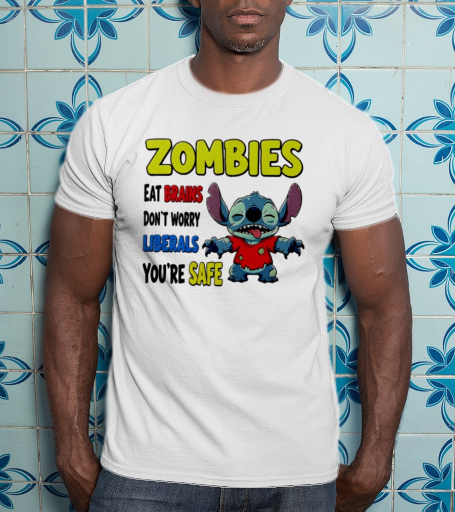 Zombies Eat Brains Don't Worry Liberals You're Safe Stitch Cartoon Creature Stitched Red T-Shirt