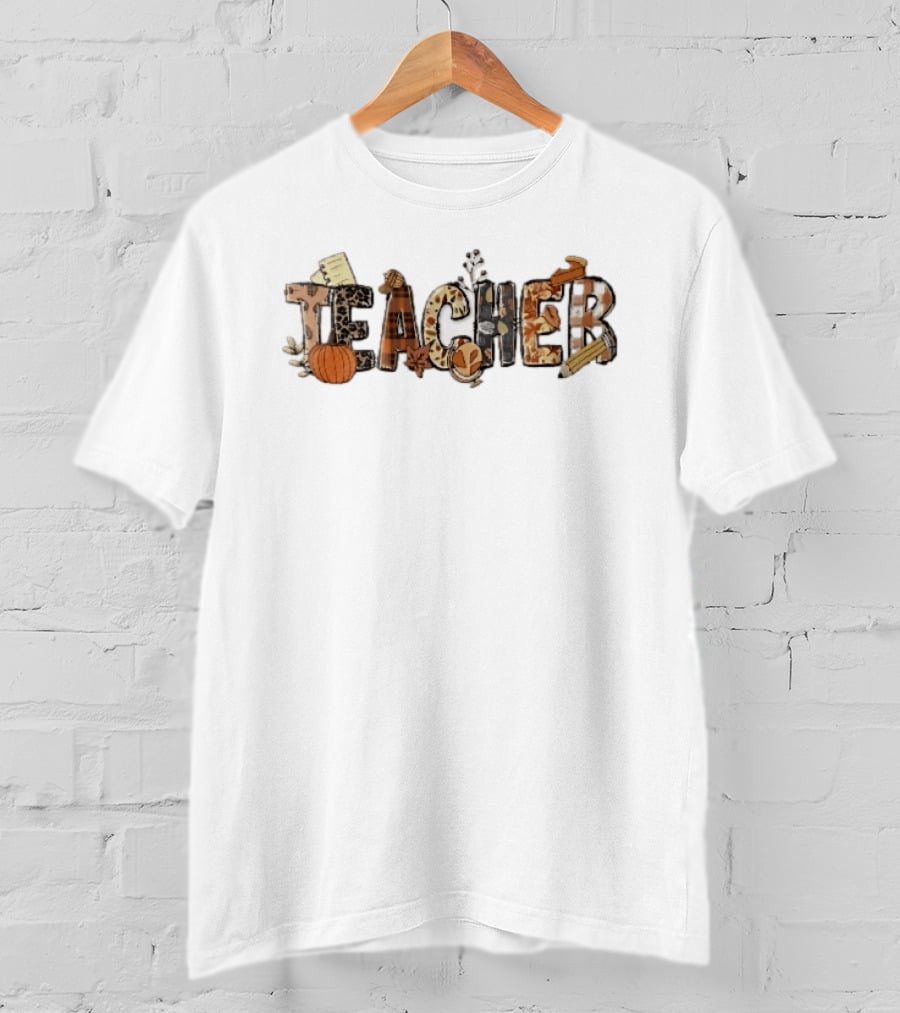 Teacher Fall Autumn Pumpkin Globe Pencil Pie Slice T-Shirt