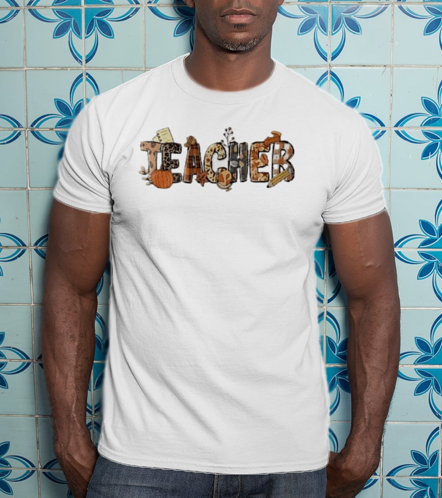 Teacher Fall Autumn Pumpkin Globe Pencil Pie Slice T-Shirt