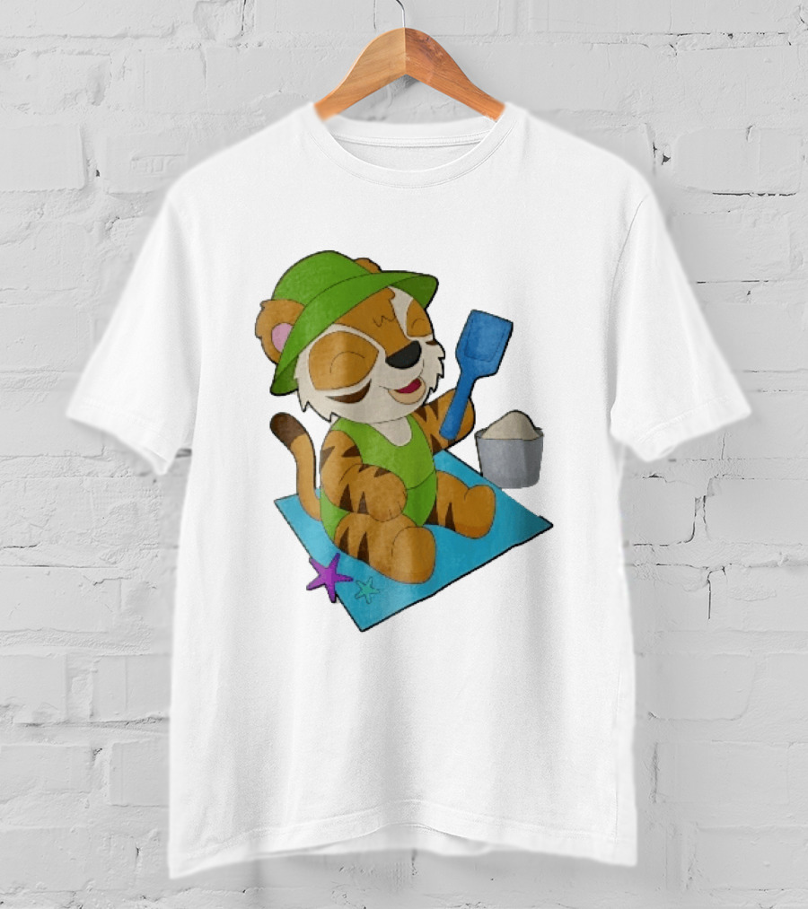 Playful Tiger Beach Sand Adventure Summer Scene T-Shirt