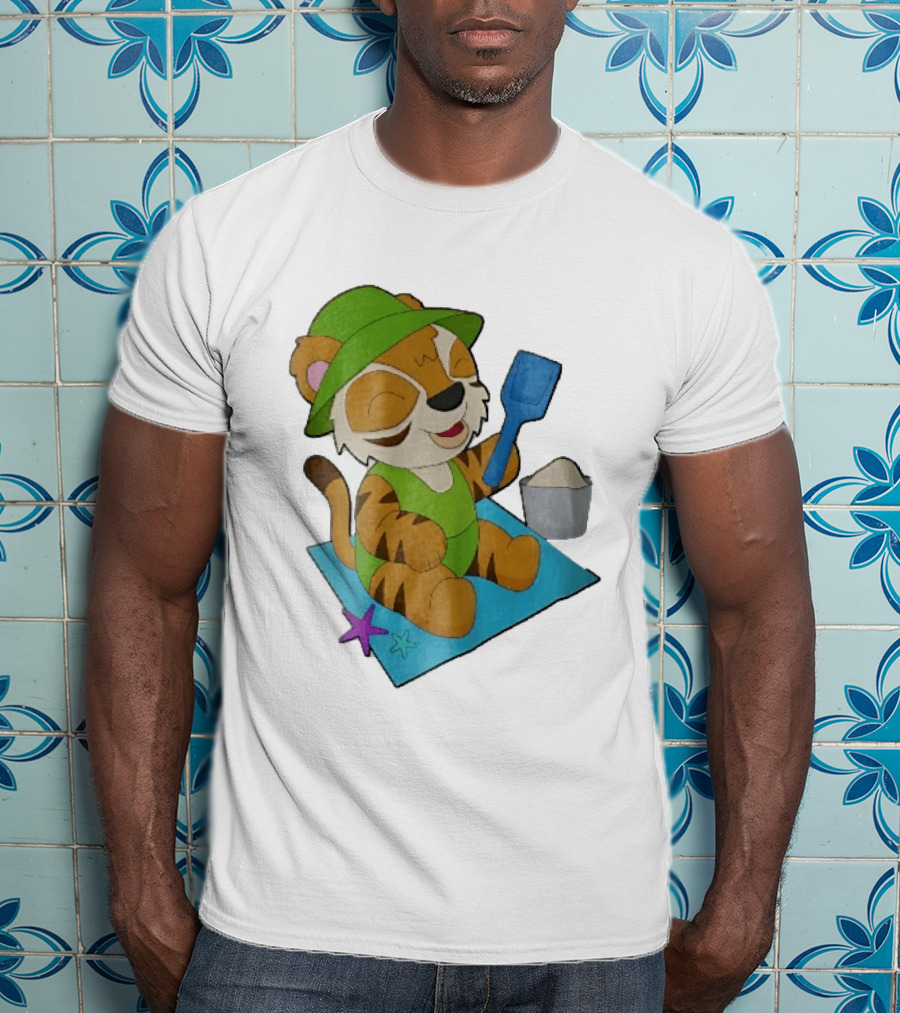 Playful Tiger Beach Sand Adventure Summer Scene T-Shirt
