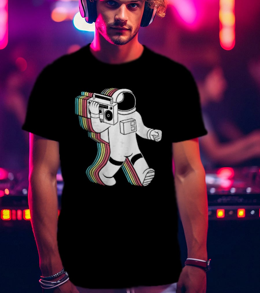 Astronaut Carrying Boombox Retro Colorful Vibes T-Shirt
