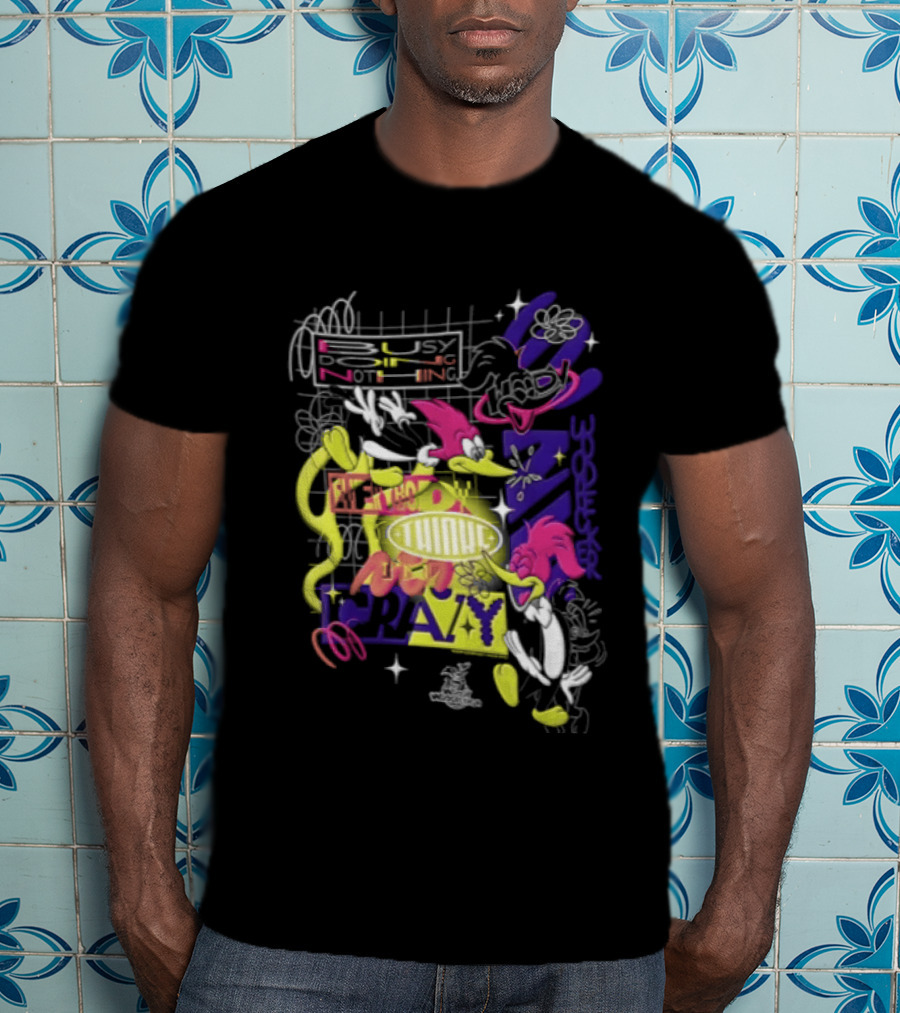 Busy Doing Nothing Everybody Thinks I'm Crazy Woody Woodpecker Walter Lantz Neon Grid Poses T-Shirt