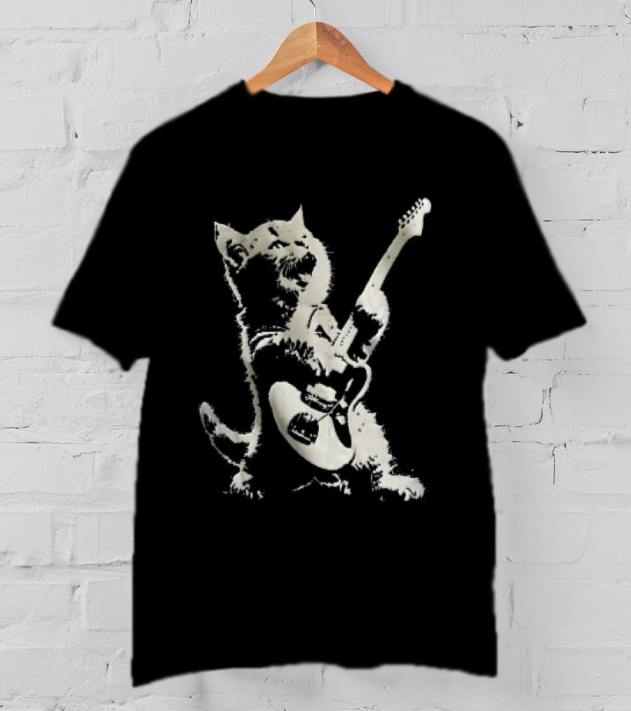 Cat Playing Electric Guitar Rocker Meowing Stencil Splatter Black And White T-Shirt
