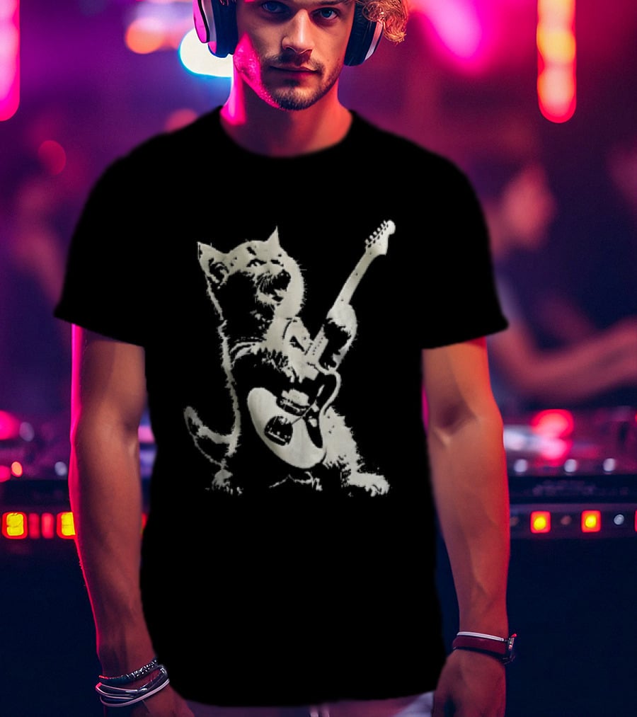 Cat Playing Electric Guitar Rocker Meowing Stencil Splatter Black And White T-Shirt