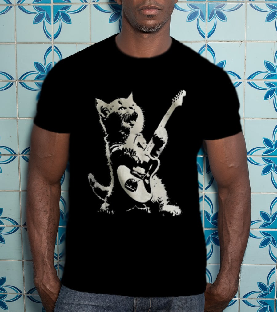 Cat Playing Electric Guitar Rocker Meowing Stencil Splatter Black And White T-Shirt