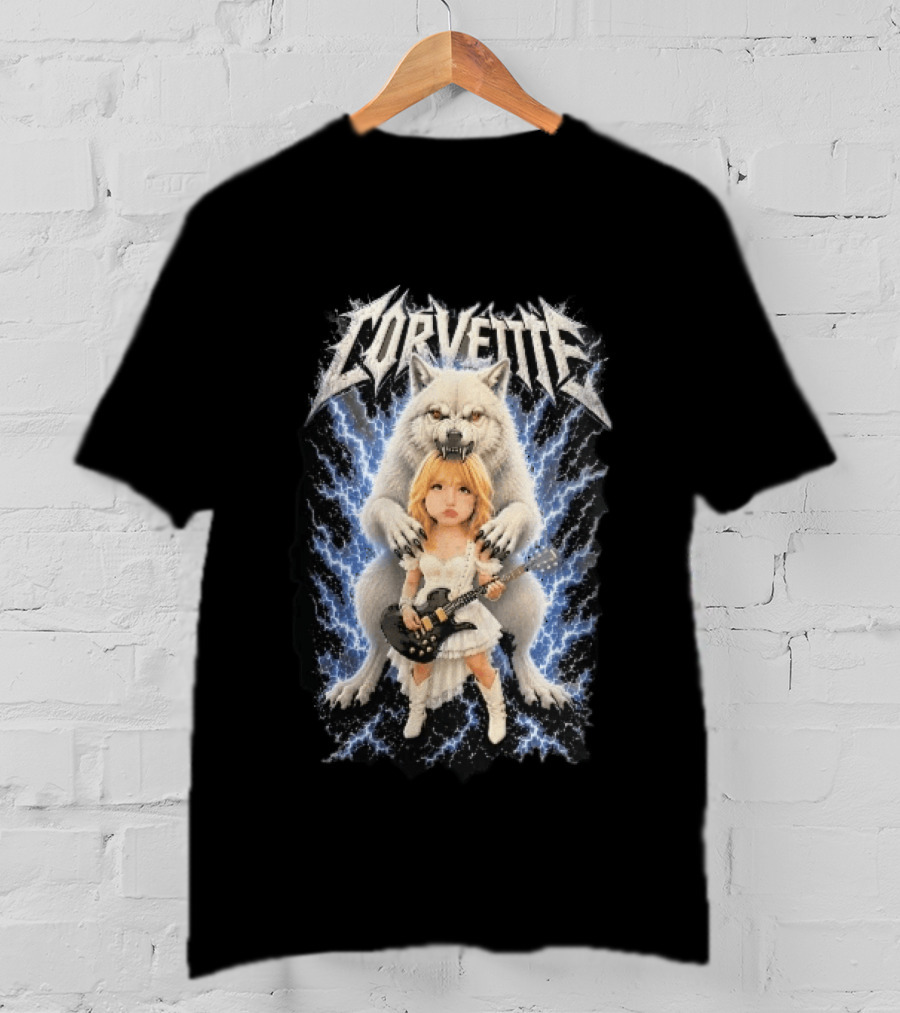 Corvette Chibi Blonde With Electric Guitar White Wolf And Lightning Heavy Metal T-Shirt