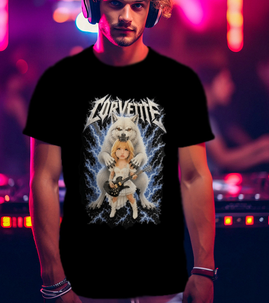 Corvette Chibi Blonde With Electric Guitar White Wolf And Lightning Heavy Metal T-Shirt