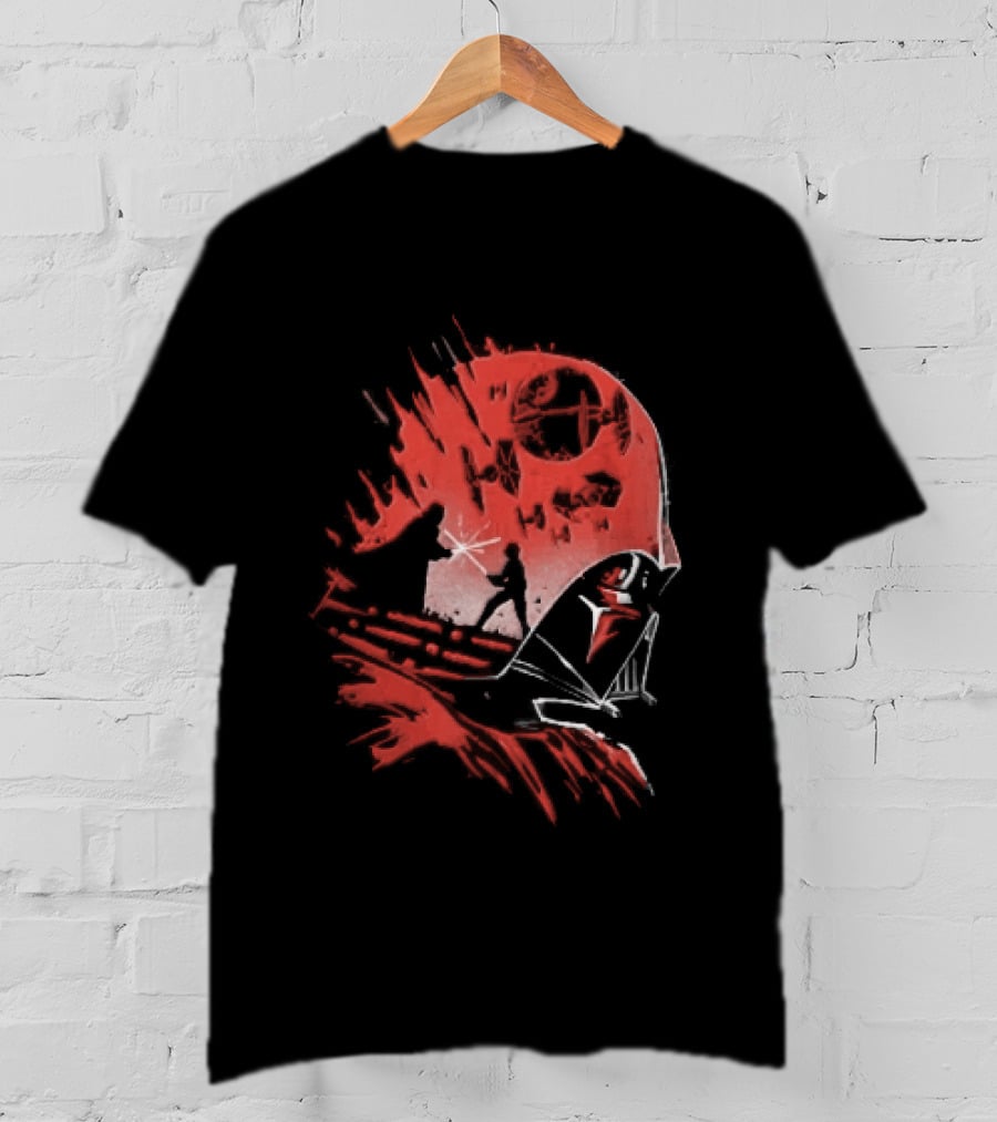 Darth Vader Luke Skywalker Lightsaber Duel Death Star TIE Fighters Red Stencil T-Shirt