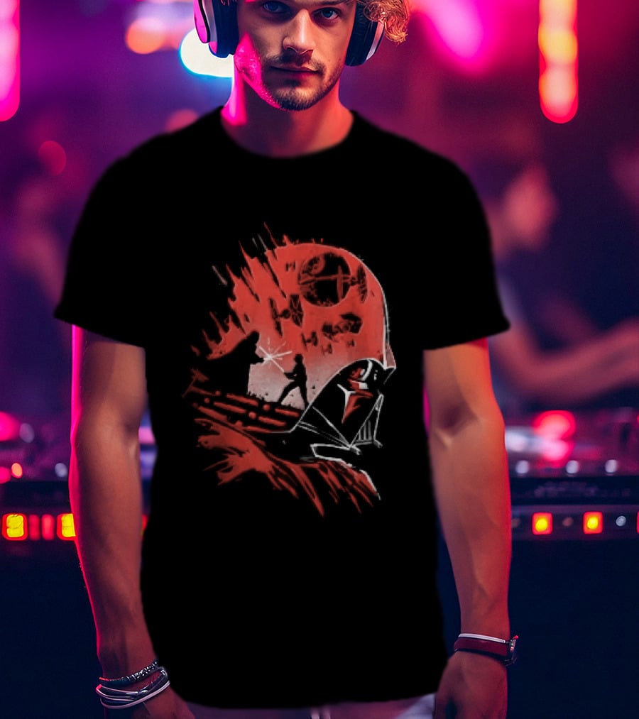 Darth Vader Luke Skywalker Lightsaber Duel Death Star TIE Fighters Red Stencil T-Shirt