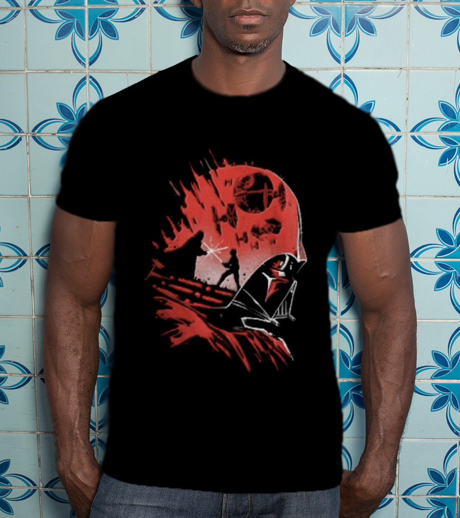 Darth Vader Luke Skywalker Lightsaber Duel Death Star TIE Fighters Red Stencil T-Shirt