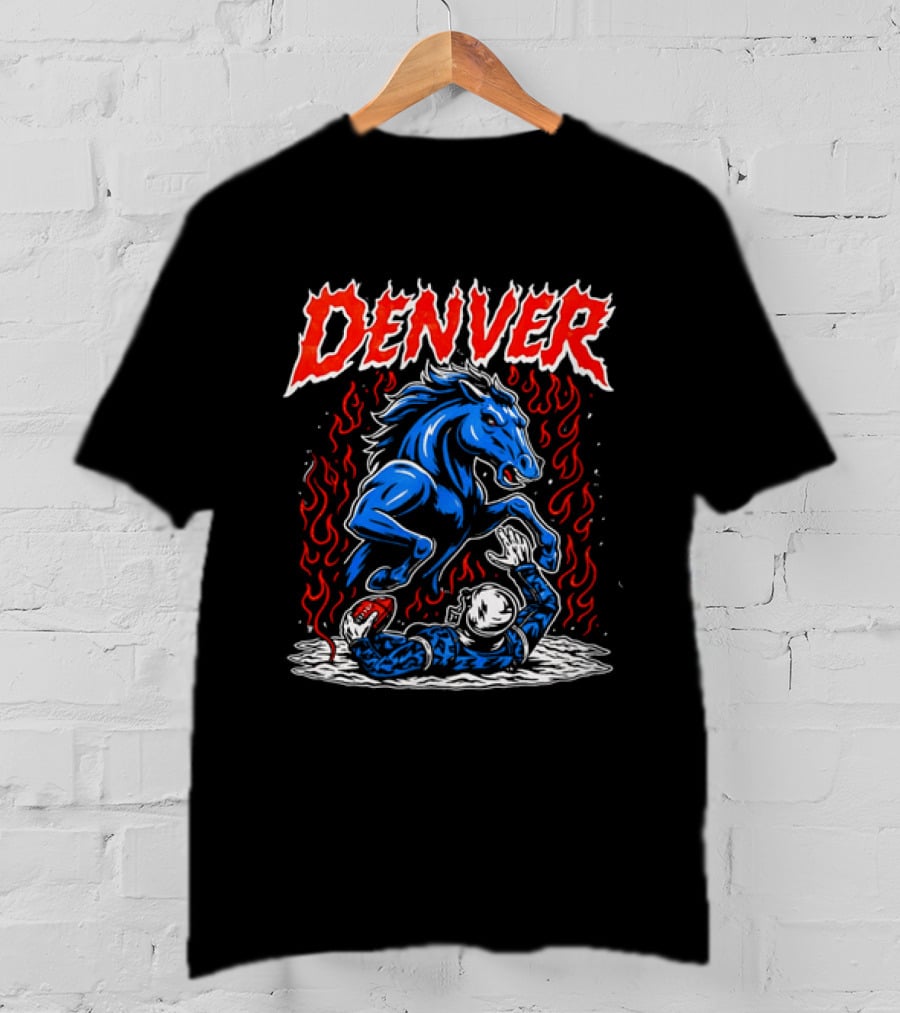 Denver Broncos Blue Horse Fire Football Player Flame T-Shirt