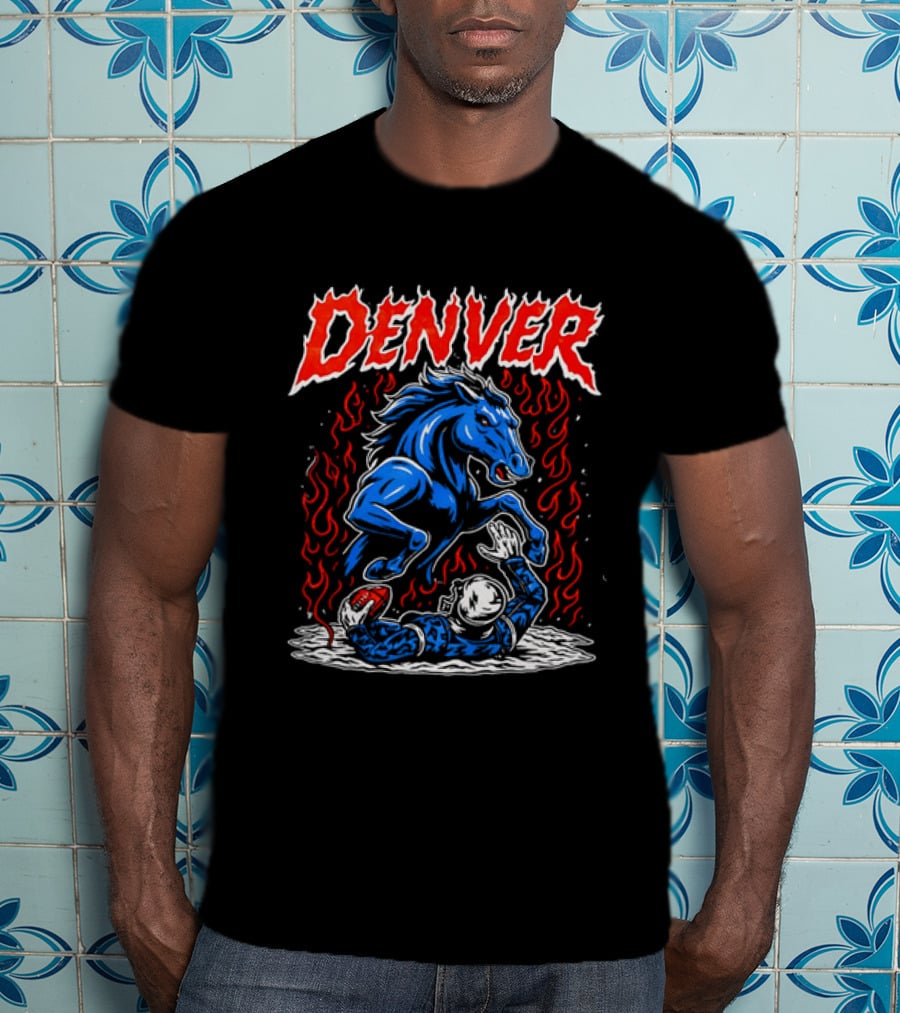 Denver Broncos Blue Horse Fire Football Player Flame T-Shirt