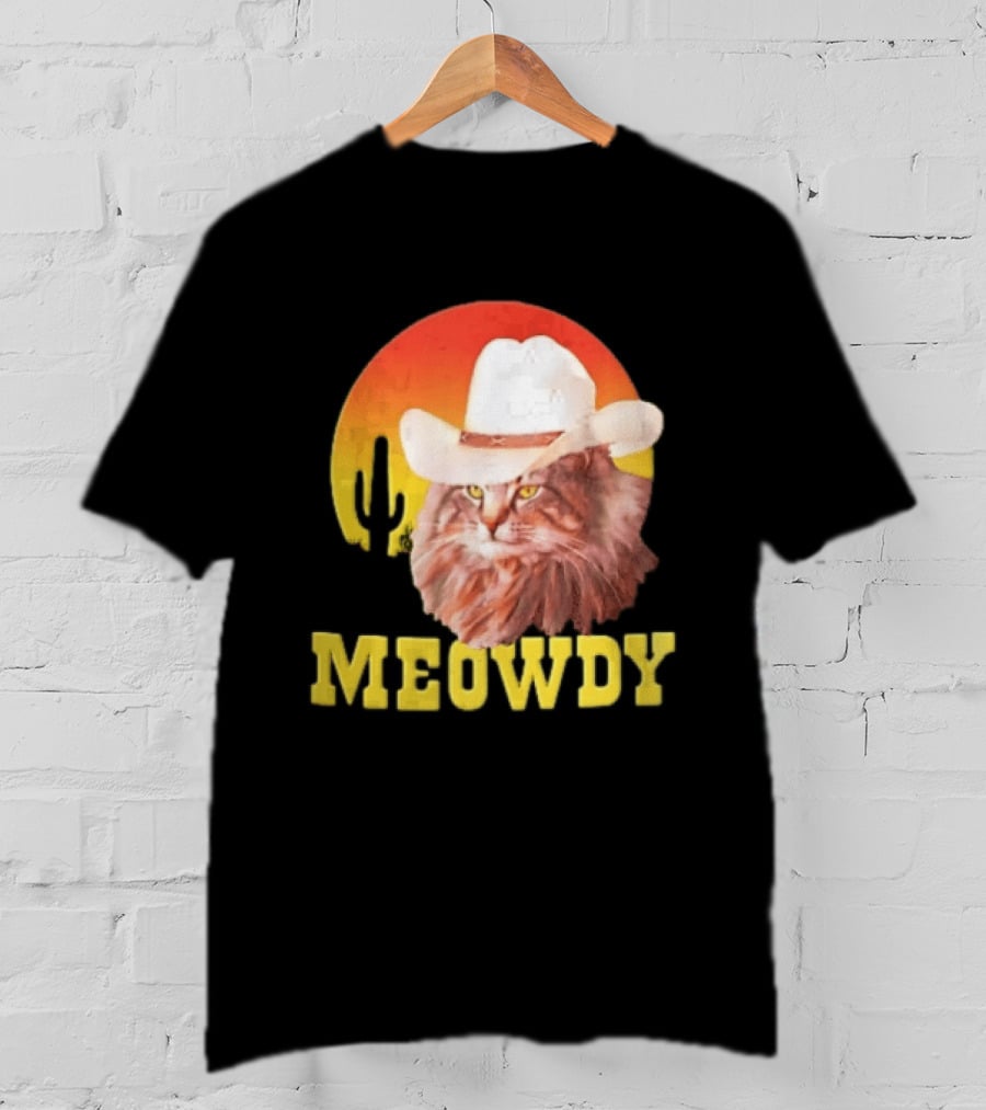 Meowdy Cowboy Cat In White Hat With Sunset And Cactus T-Shirt