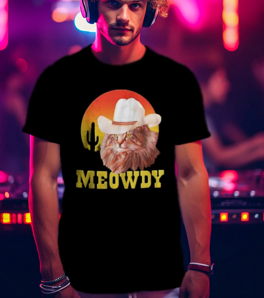 Meowdy Cowboy Cat In White Hat With Sunset And Cactus T-Shirt