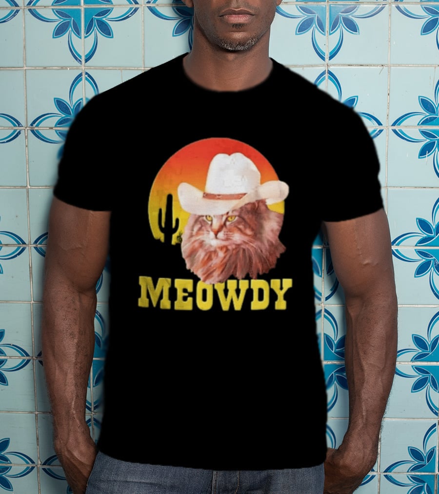 Meowdy Cowboy Cat In White Hat With Sunset And Cactus T-Shirt