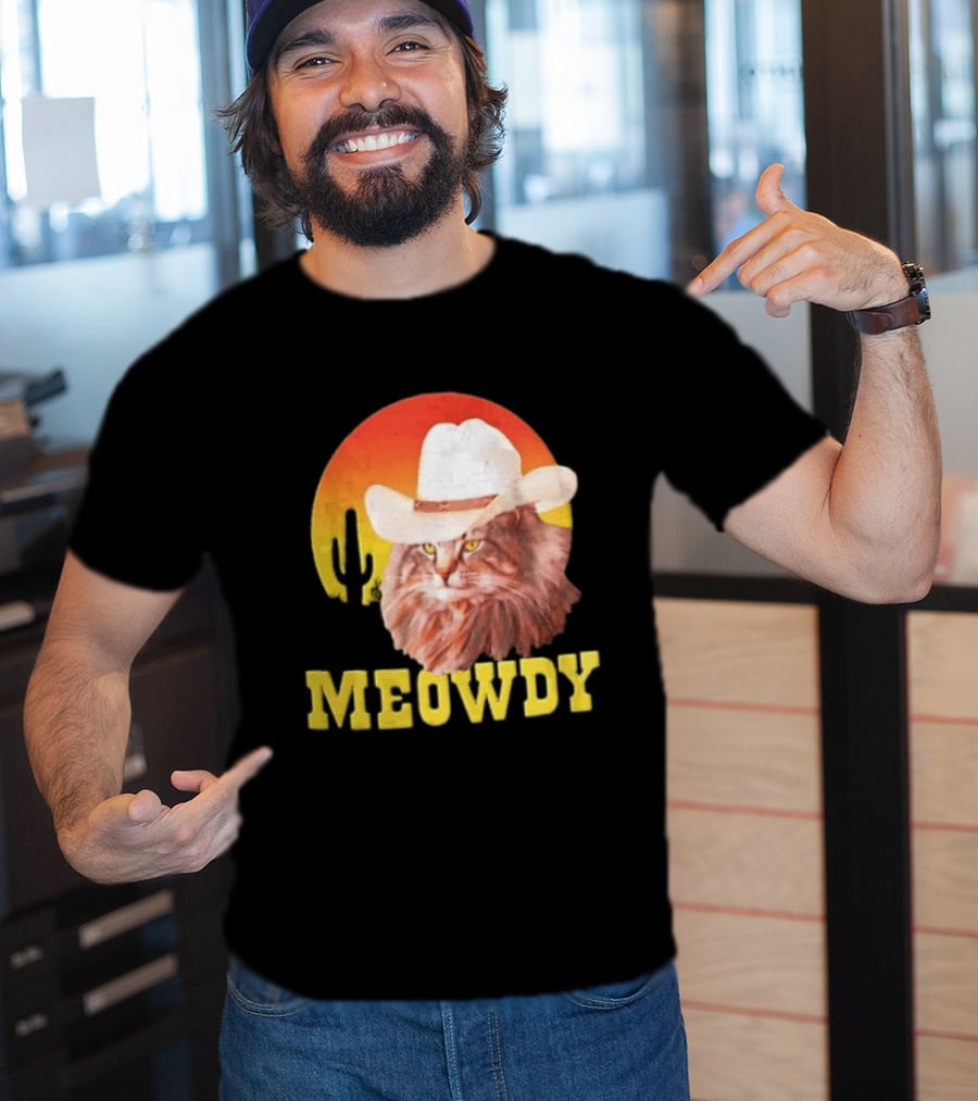 Meowdy Cowboy Cat In White Hat With Sunset And Cactus T-Shirt