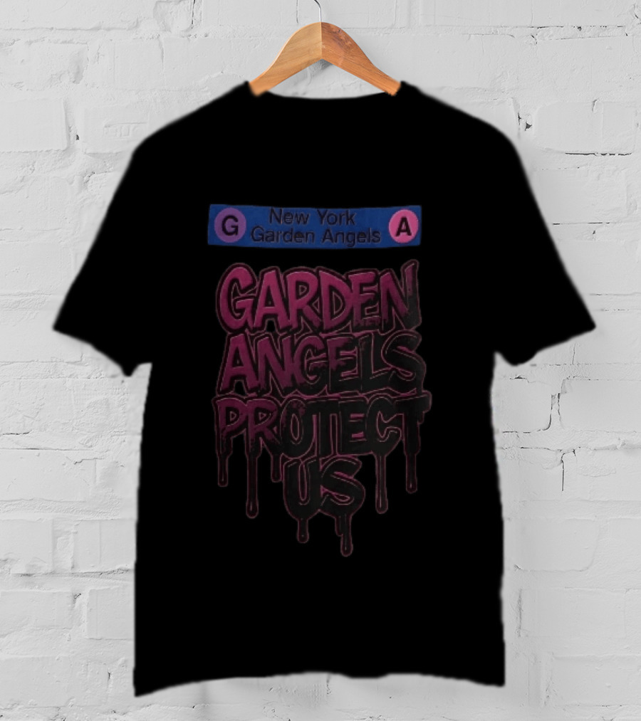 New York Garden Angels Protect Us Dripping Graffiti Subway Sign T-Shirt