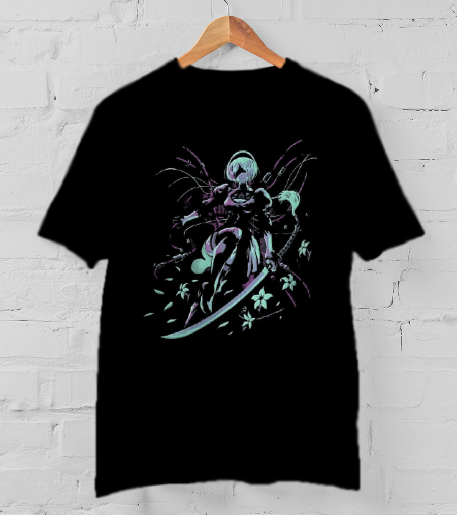 NieR Automata 2B With Pastel Sword And Flower Motif T-Shirt
