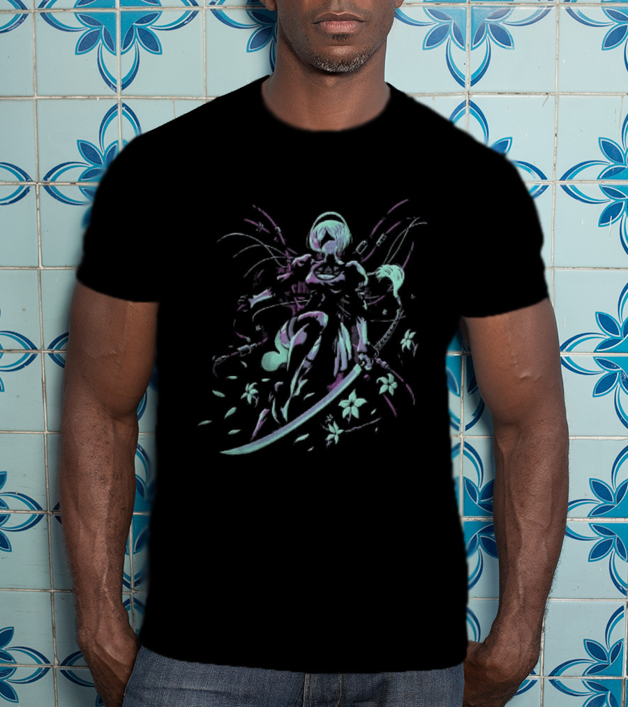 NieR Automata 2B With Pastel Sword And Flower Motif T-Shirt