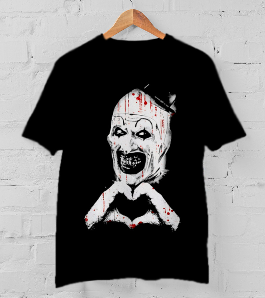 Terrifying Clown With Creepy Heart Hands And Bloody Accents T-Shirt