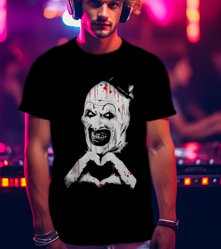 Terrifying Clown With Creepy Heart Hands And Bloody Accents T-Shirt