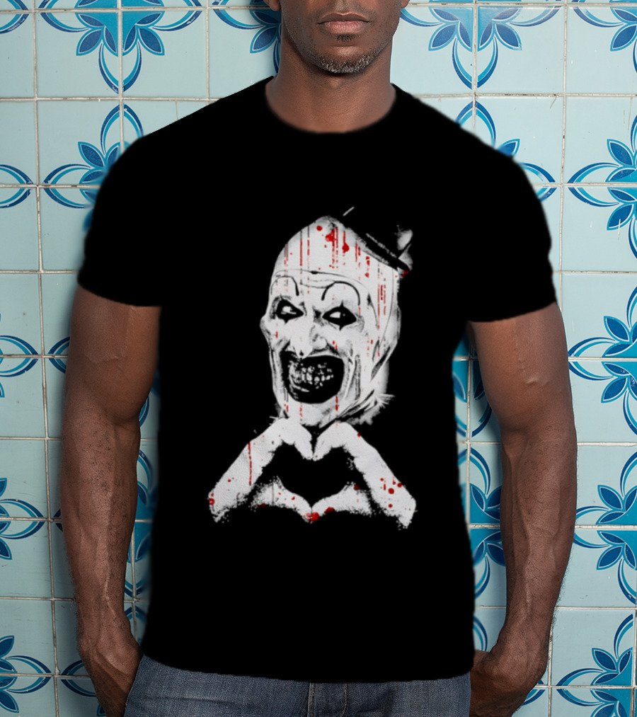 Terrifying Clown With Creepy Heart Hands And Bloody Accents T-Shirt