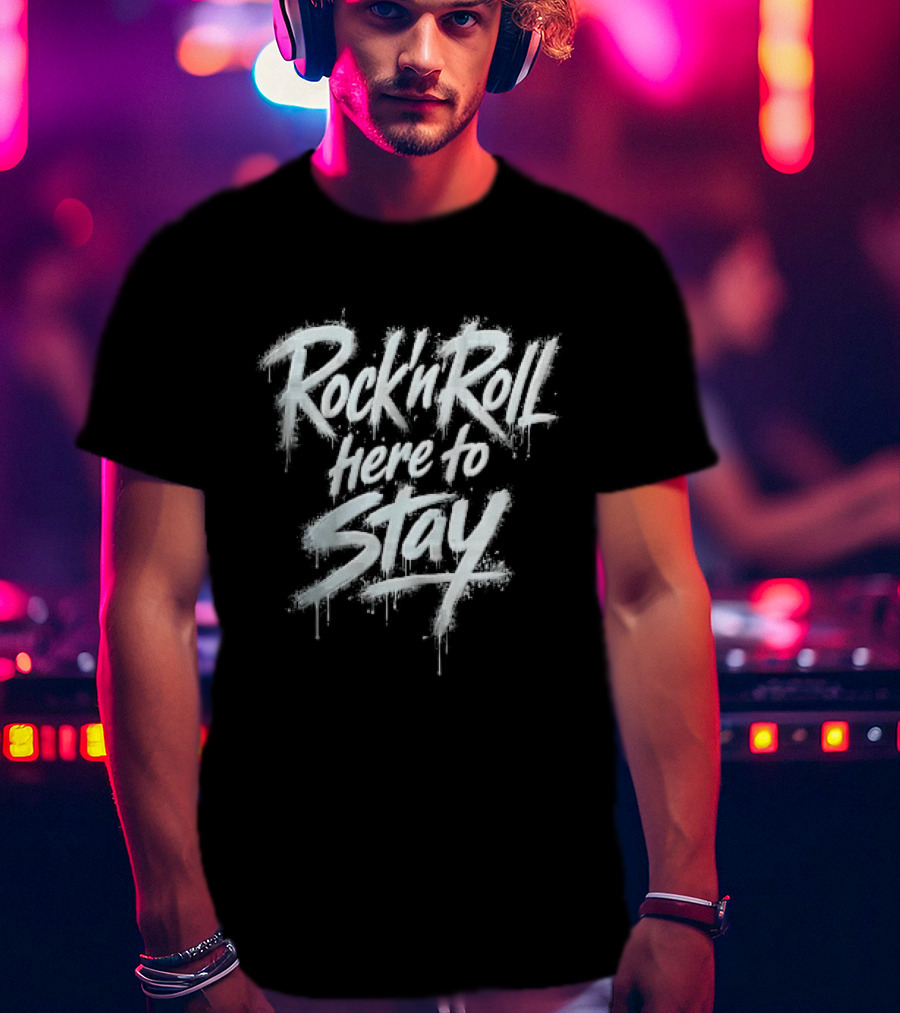Rock And Roll Here To Stay White Spray Paint Graffiti Drips Splatters T-Shirt