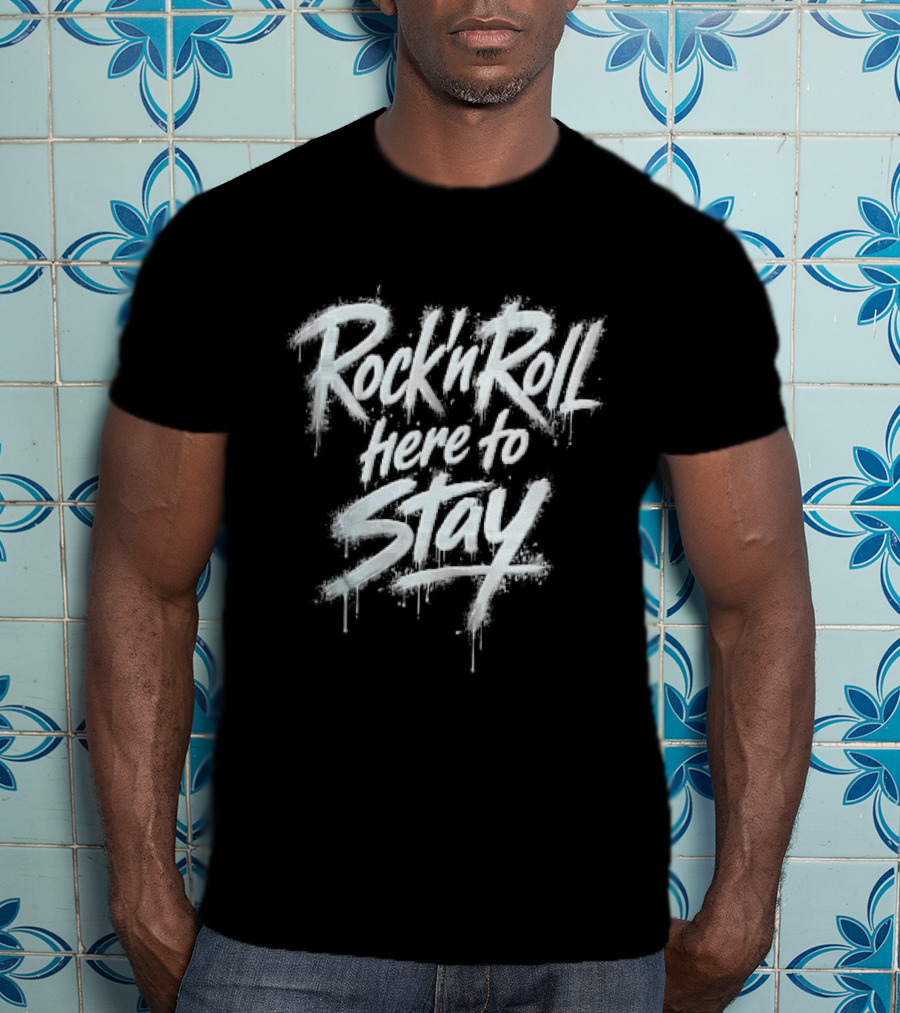 Rock And Roll Here To Stay White Spray Paint Graffiti Drips Splatters T-Shirt