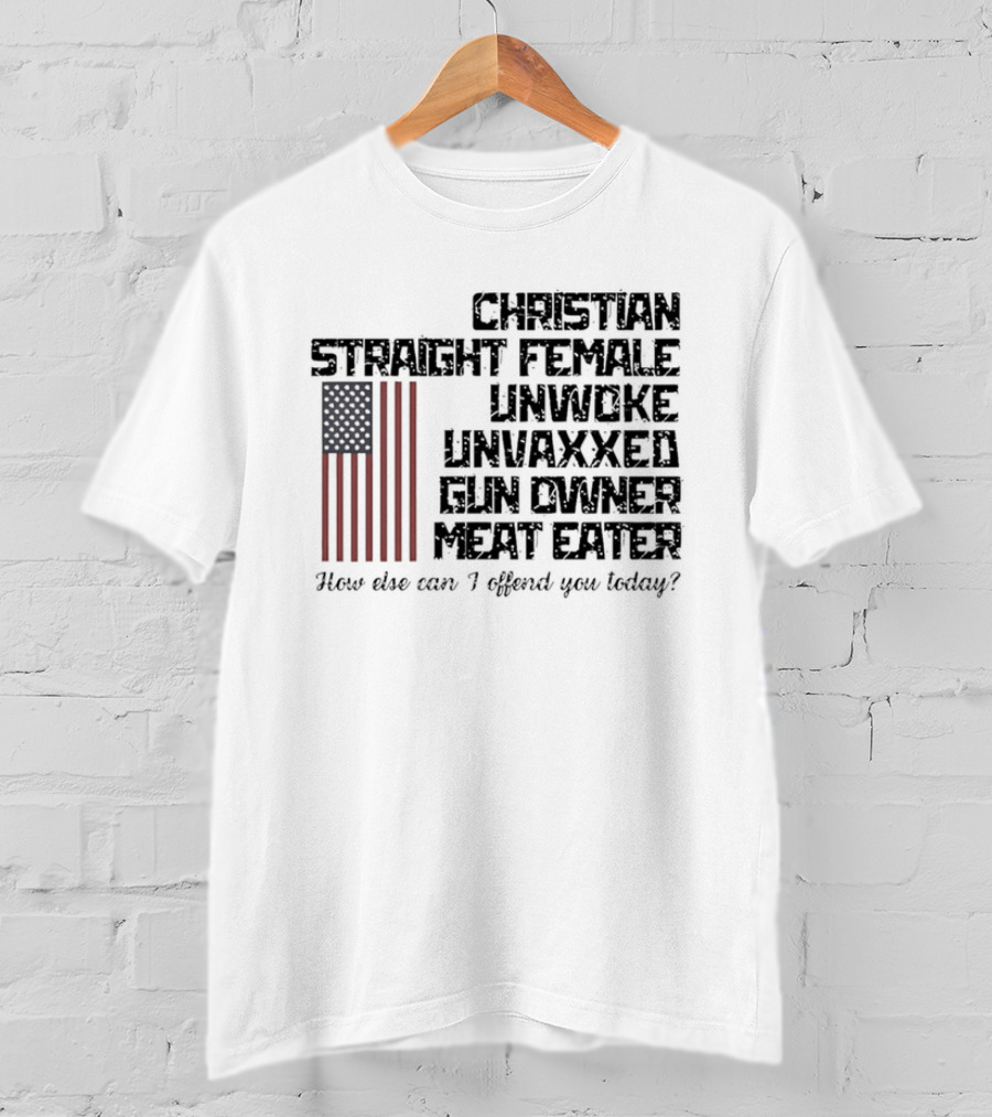 Christian Straight Female Unwoke Unvaxxed Gun Owner Meat Eater How Else Can I Offend You Today USA Flag T-Shirt