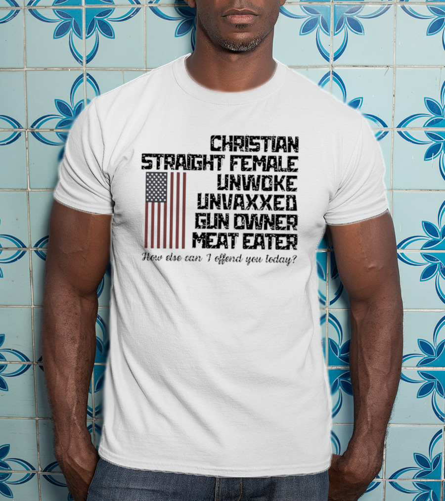 Christian Straight Female Unwoke Unvaxxed Gun Owner Meat Eater How Else Can I Offend You Today USA Flag T-Shirt