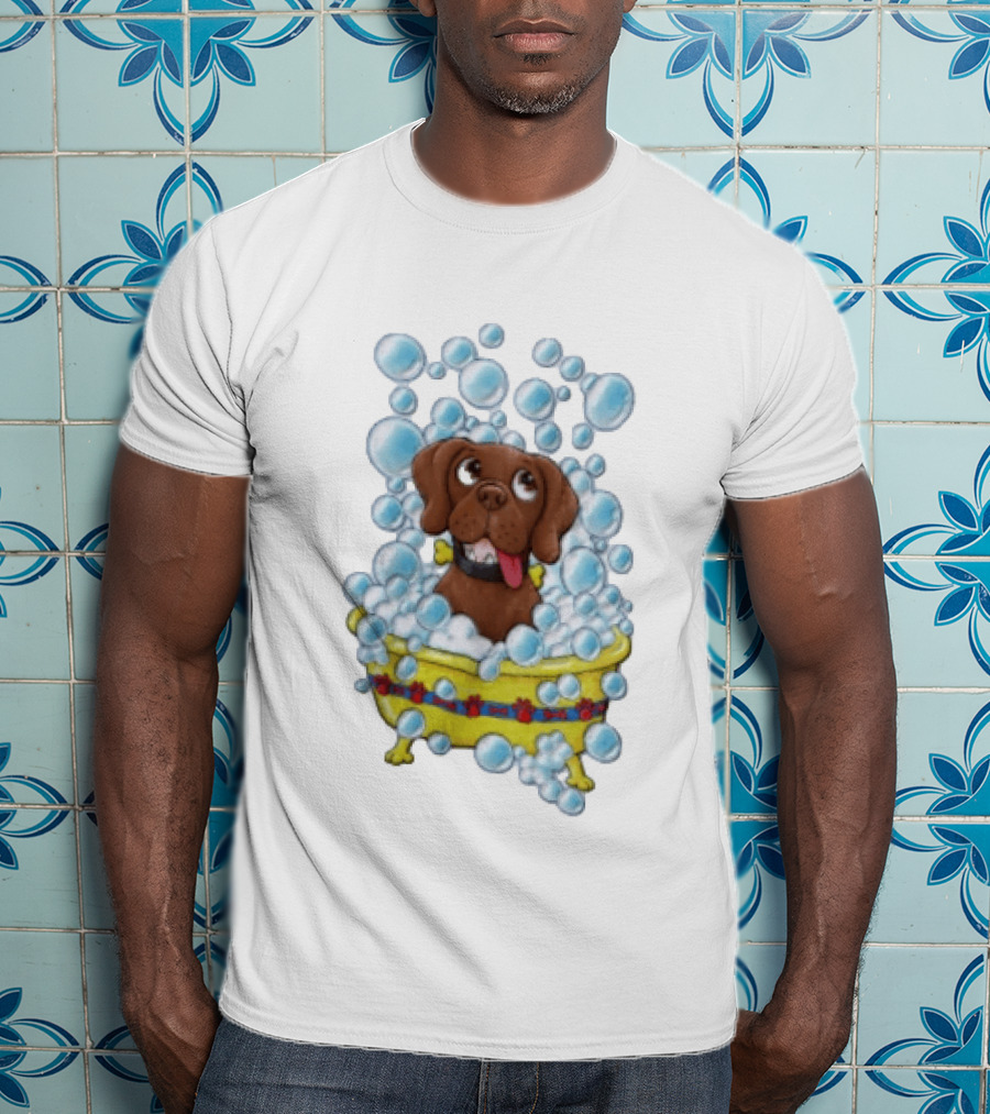 Goofy Dog Surrounded By Bubbles In Yellow Tub T-Shirt