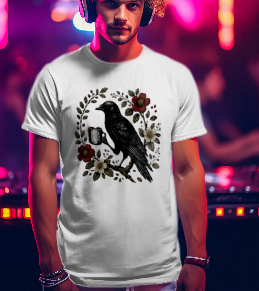 Is He Dead Yet Crow Coffee Floral Wreath Blooms T-Shirt