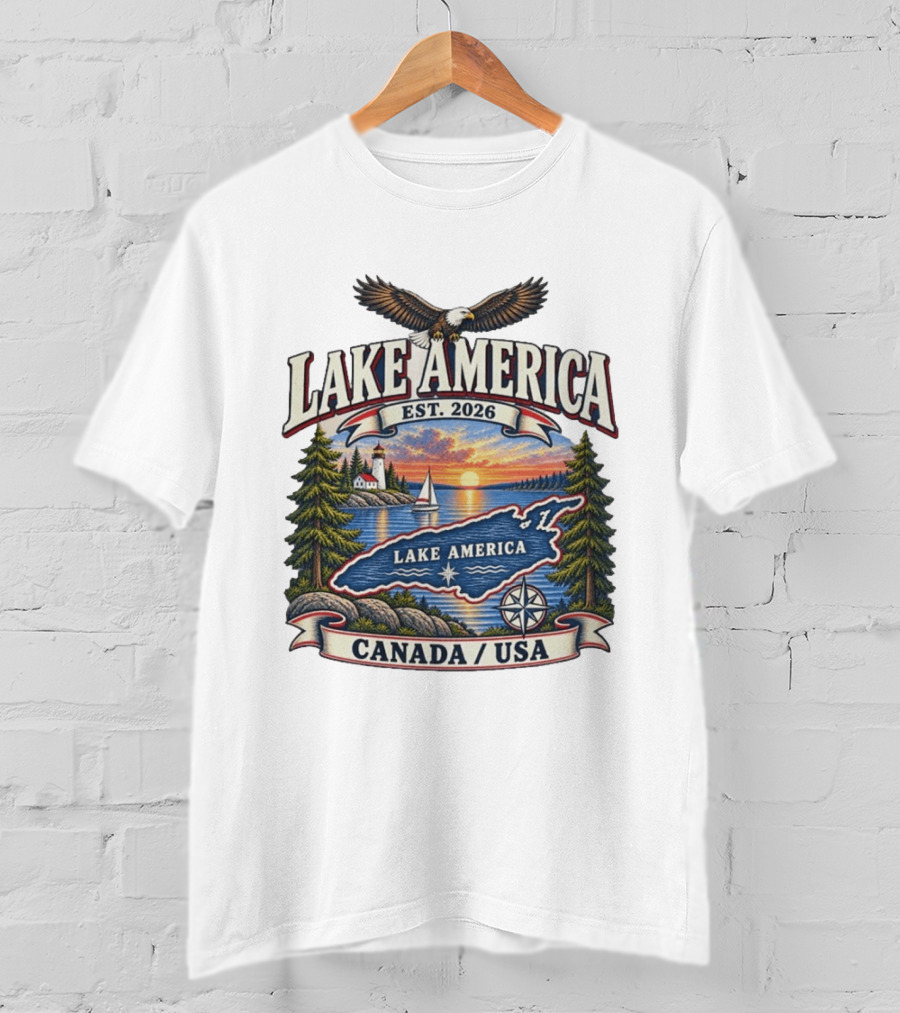 Lake America Est. 2026 Great Lakes Canada USA Scenic Sunset Eagle Sailboat T-Shirt