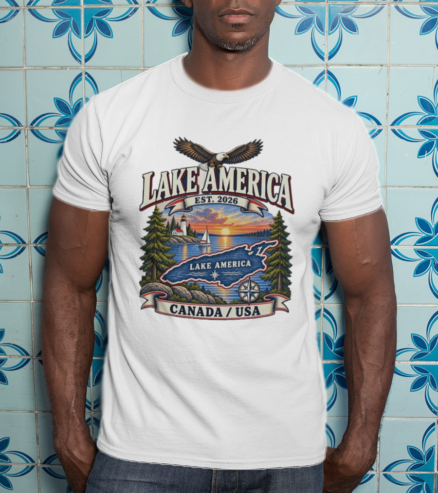 Lake America Est. 2026 Great Lakes Canada USA Scenic Sunset Eagle Sailboat T-Shirt