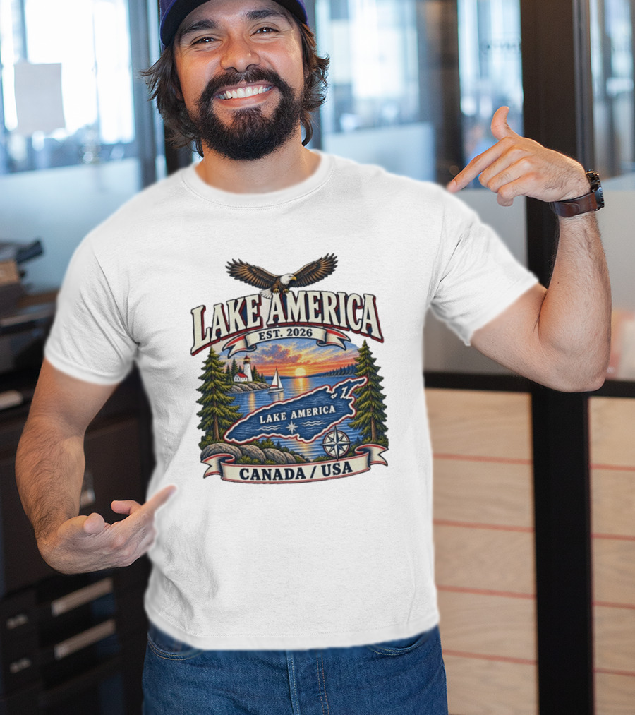 Lake America Est. 2026 Great Lakes Canada USA Scenic Sunset Eagle Sailboat T-Shirt