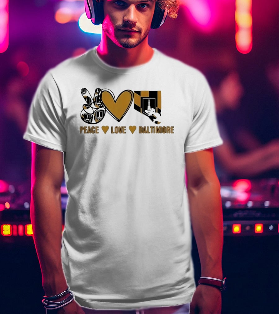 Peace Love Baltimore Gold Maryland Flag City Monument T-Shirt