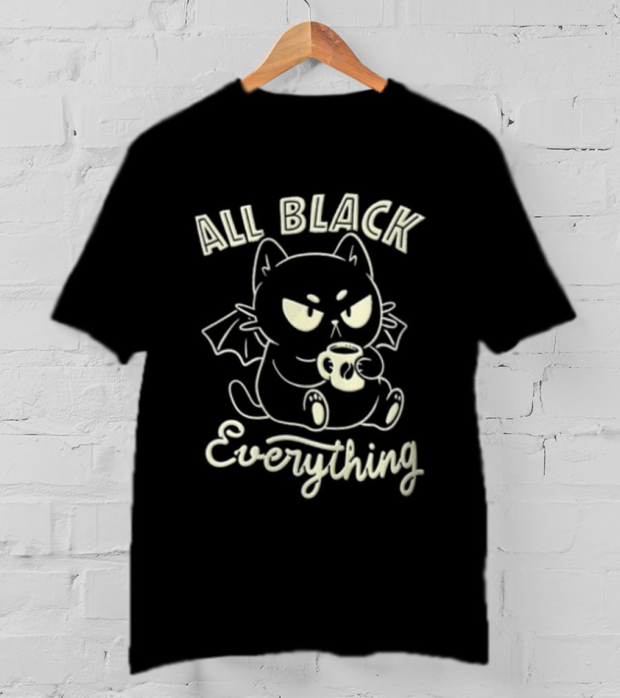 All Black Everything Cartoon Bat Cat Drinking Coffee T-Shirt