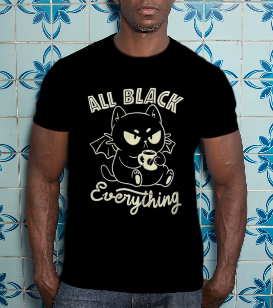 All Black Everything Cartoon Bat Cat Drinking Coffee T-Shirt