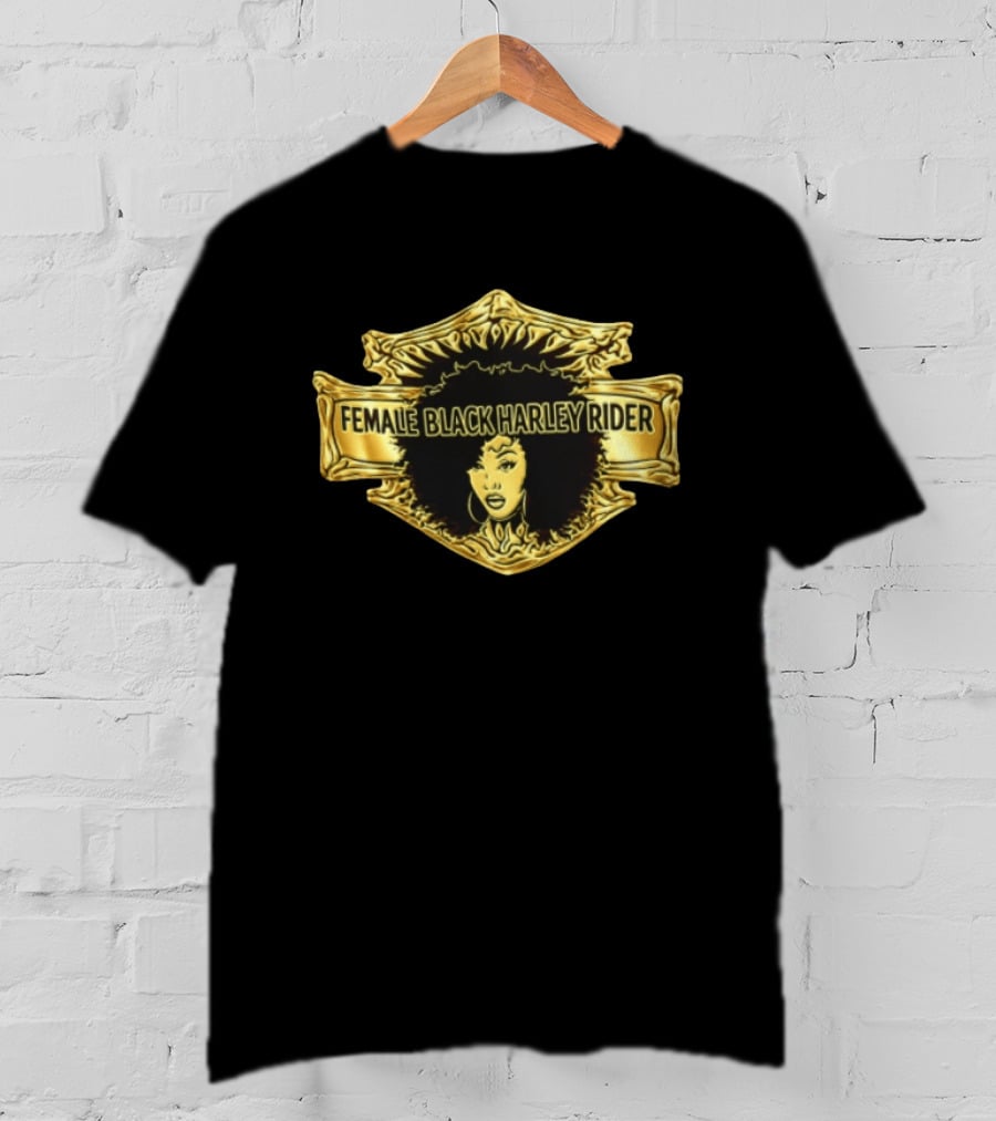 Female Black Harley Rider Gold Ornate Shield Afro T-Shirt