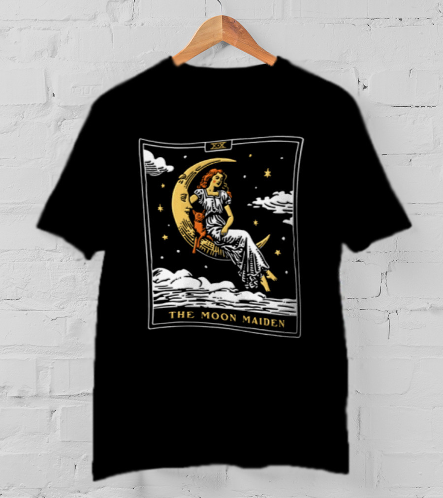 The Moon Maiden Tarot Card Crescent Cat And Stars T-Shirt