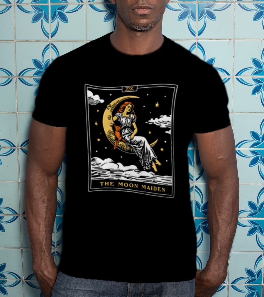 The Moon Maiden Tarot Card Crescent Cat And Stars T-Shirt