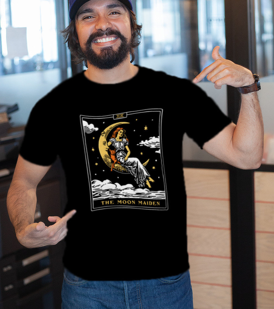 The Moon Maiden Tarot Card Crescent Cat And Stars T-Shirt