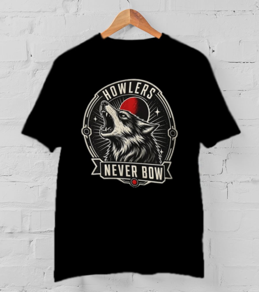 Howlers Never Bow Snarling Wolf Red Moon Celestial T-Shirt